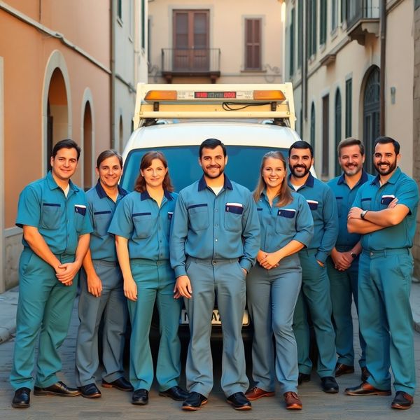 Ritratto del team di nove tecnici Bianchi & Bianchi davanti al furgone aziendale